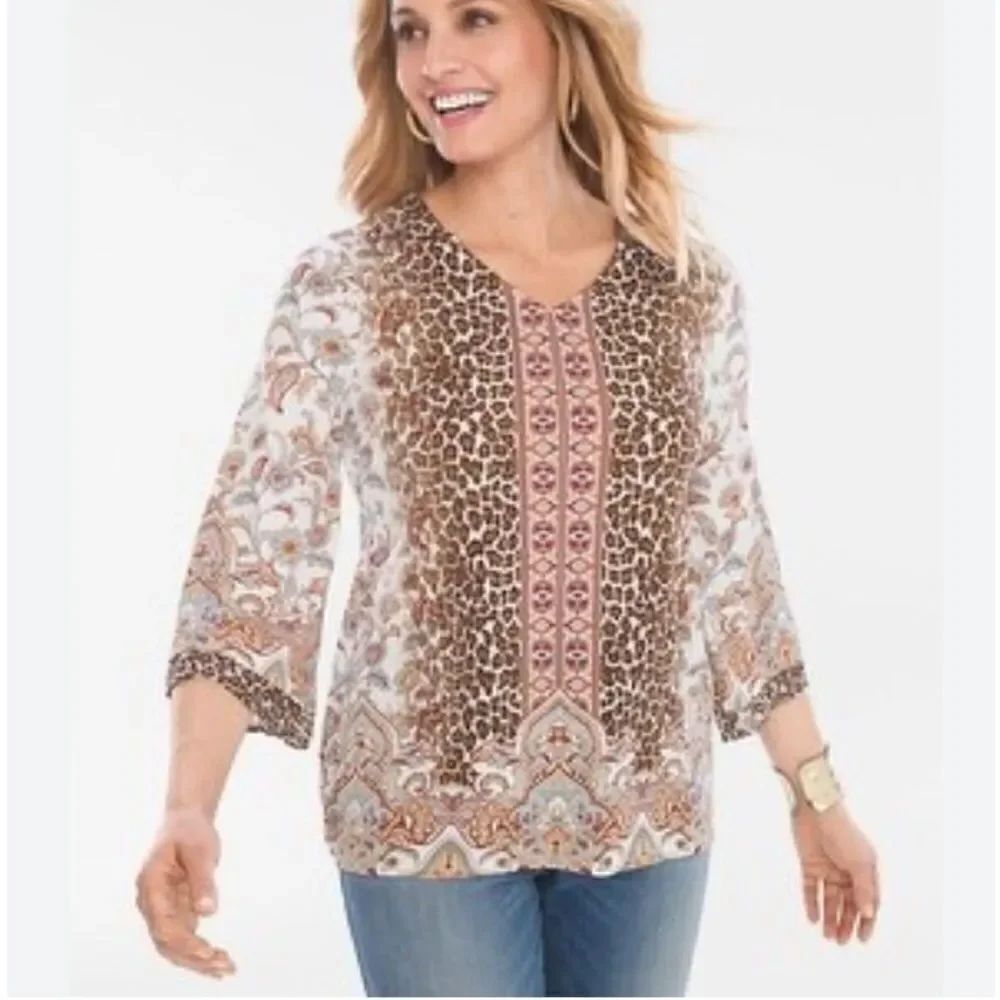 Chico’s Geometric Floral & Anime Print 3/4 Sleeve Top Women’s S